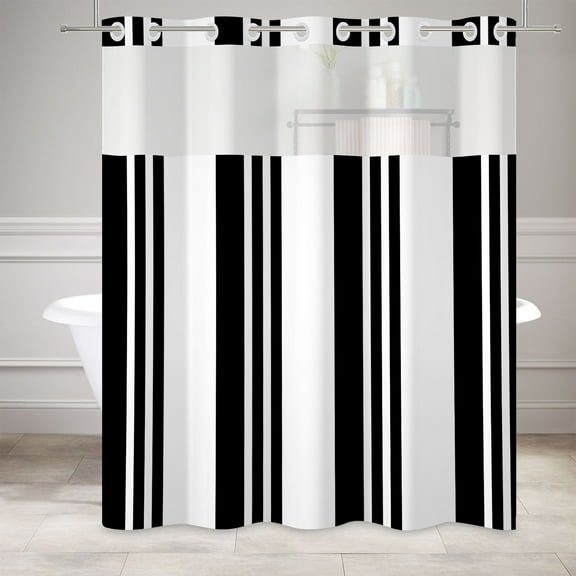 MIZHONA Black Stripes No Hooks Shower Curtains with Snap in Liner Black and White Stripes Fabric Bathroom Curtain,71"× 74"