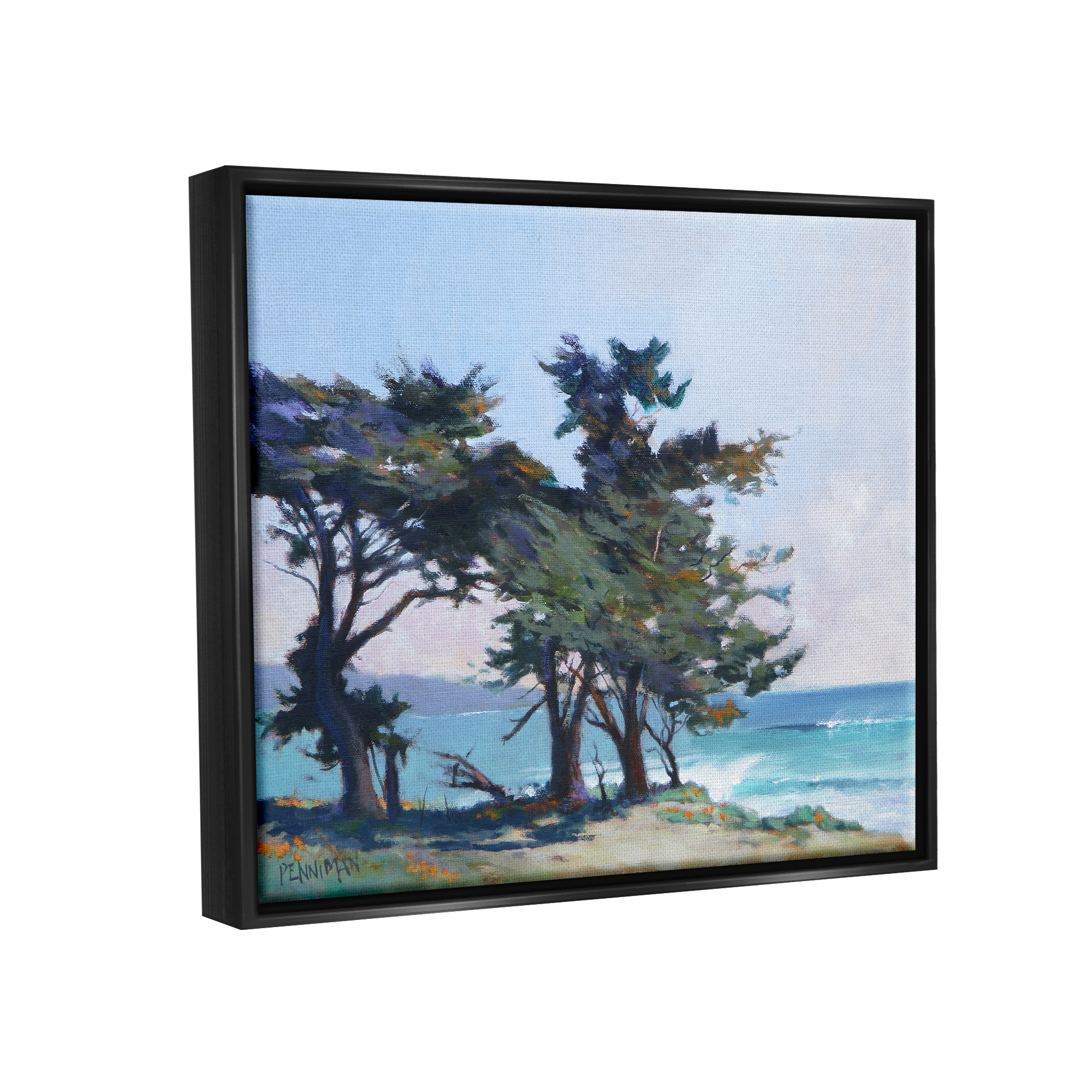 Stupell Coastal Sandy Trees Ocean Waves Landscape Painting Black Floater Framed Art Print Wall Art