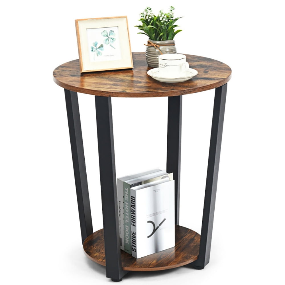 Finihen Round End Table, 2-tier Round End Table with Storage Shelf and Metal Frame for Living Room, Bedroom, Brown