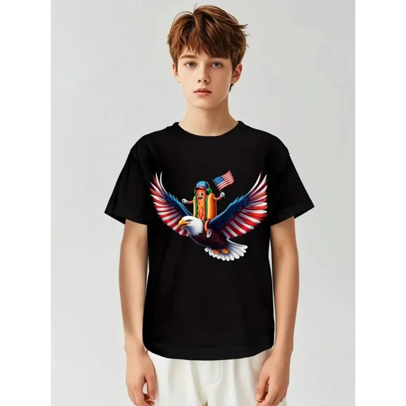 children’s wear Funny Patriotic Hot Dog Riding Bald Eagle USA Flag Graphic T-Shirt for Boys Kids 4th of July Independence Day Retro Cotton Tee
