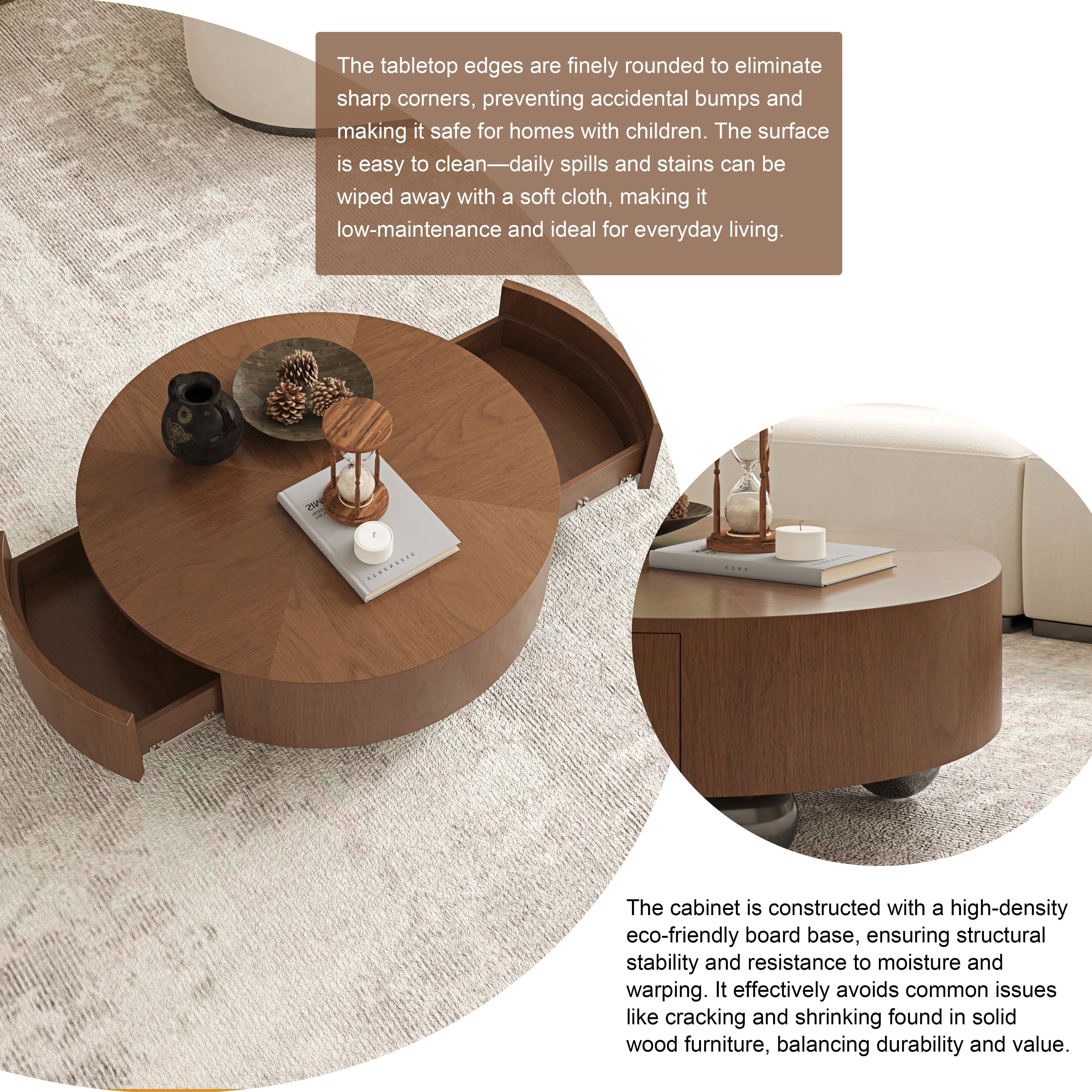 Euroco 35.43" Round Coffee Table with Storage Drawer, Mid-Century Modern Center Table with Sphere Base Legs for Living Room,Walnut
