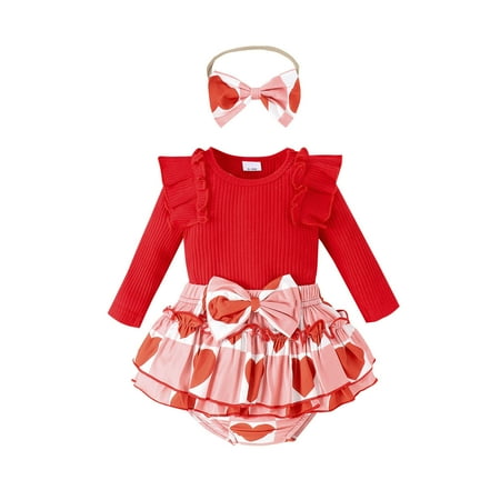 

Girls Valentine s Day Long Sleeve Ribbed Romper Bodysuit Heart Prints Ruffles Shorts Outfits for Baby Girl Baby Band Outfits Baby Bundle Set Baby Going Home Outfit Girl Welcome Baby Girl Character Set