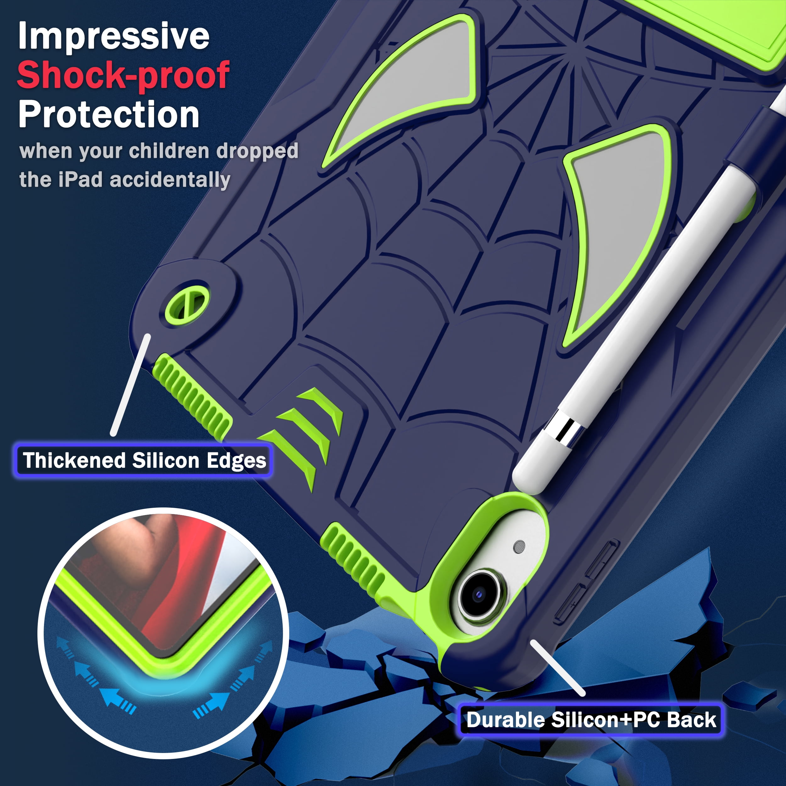 TECH CIRCLE for iPad 11-inch A16 (2025), iPad 10.9" (10th Gen) 2022 Release Shockproof Case with Kickstand/Pencil Holder Loop/Shoulder Strap/Stylus, Cute Spider Rugged Cover, Blue+Chartreuse