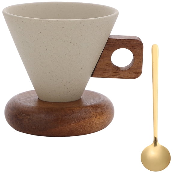 8.5 oz Conical Ceramic Mug with Wood Handle, Vintage Stoneware Coffee Cup & Base Set with 5.3" Golden Spoon, Beige Afternoon Tea Cup for Couples, Home, Office & Cafe