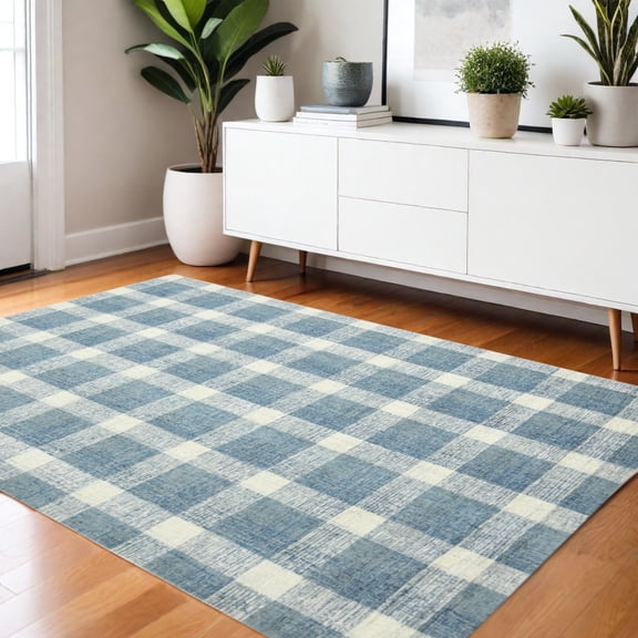 4' X 6' Blue And Ivory Wool Plaid Hand Tufted Area Rug