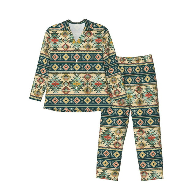 Fotbe Traditional Tribal Aztec1 Pattern Long Sleeve Pajama Set for Men,Sleepwear Set,2-piece Loungewear Set,Soft PJs Comfy Nightwear with Pockets-X-Large
