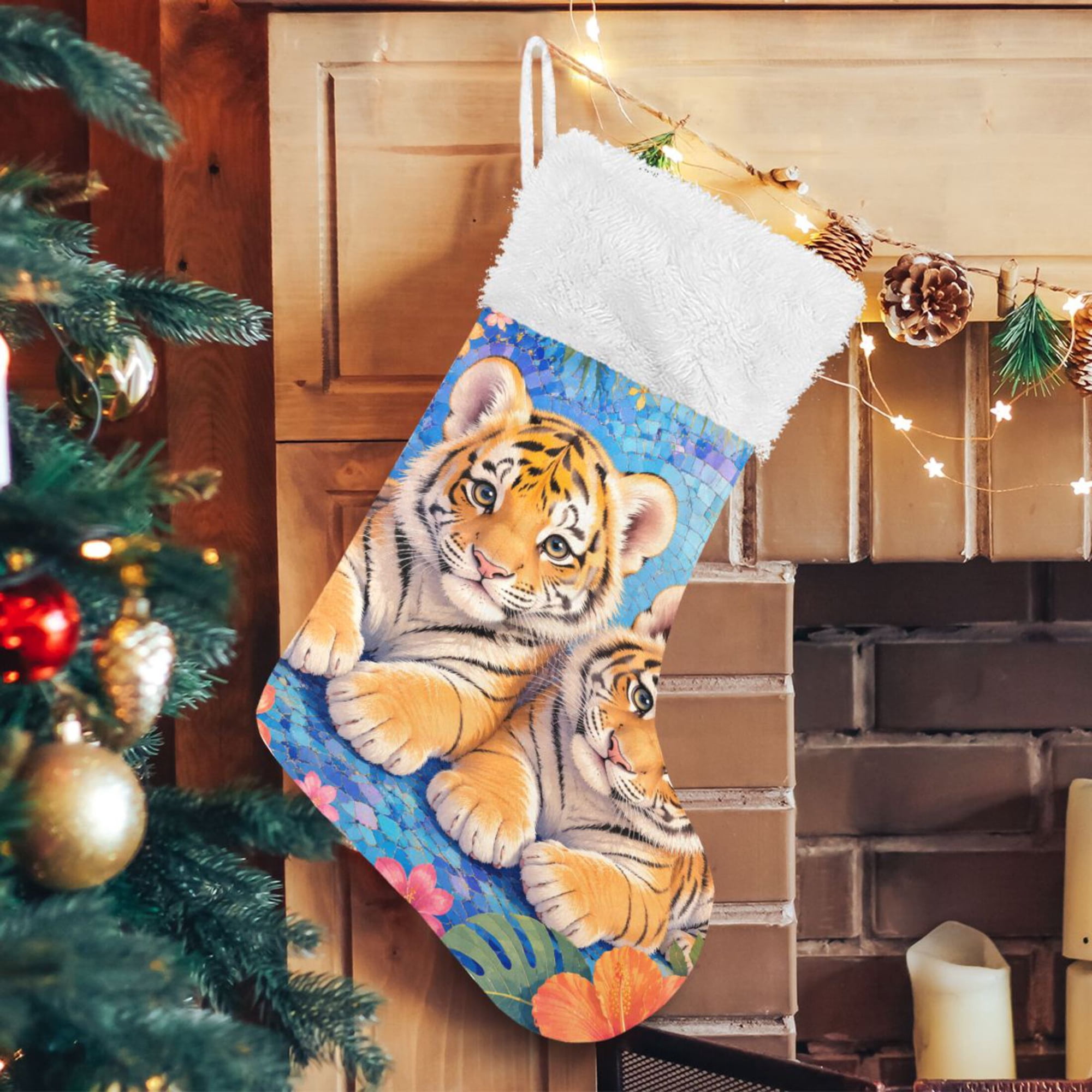 RMDQTR Christmas Stockings for Xmas Gifts - Large Size Festive Holiday Decor for Family Baby Tiger Tropical Graphic