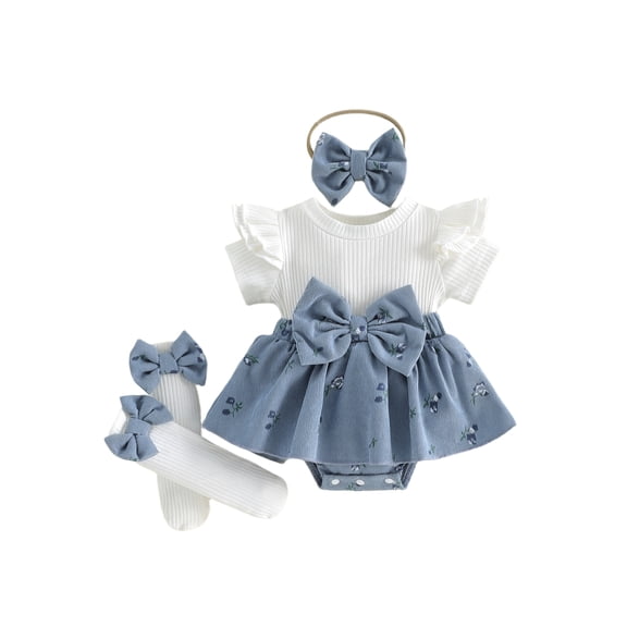 Lairauiy Newborn Baby Girls Romper Dress 3 6 9 12 Months Short Sleeve Skirt Jumpsuit   Long Socks   Headband Clothes Set