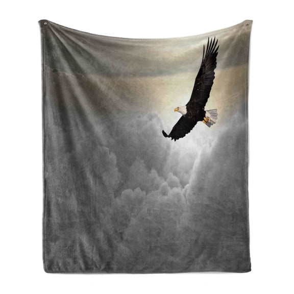 Eagle Soft Flannel Fleece Throw Blanket, Majestic Creature Flying Above Clouds Liberty Democracy and Freedom, Cozy Plush for Indoor and Outdoor Use, 50" x 70", Pale Yellow Pale Grey, by Ambesonne