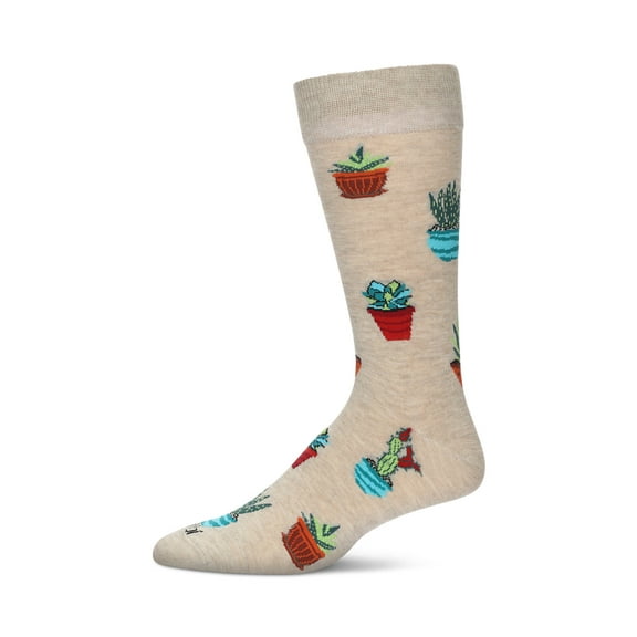 MeMoi Men's Potted Succulents Bamboo Blend Novelty Crew Sock - Mens - Male, 10-13, Oatmeal Heather