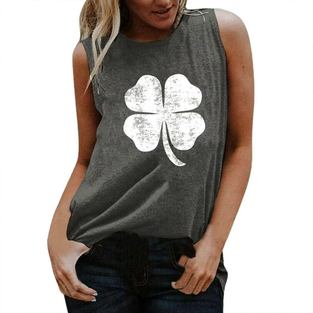 Gibobby Camiseta con estampado del Día de San Patricio para mujer, camiseta sin mangas con cuello redondo, camiseta elegante, camiseta, blusa, camisetas sin mangas informales(Gris oscuro,XG)