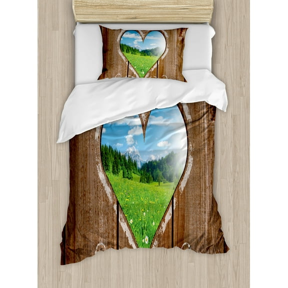 Outhouse Duvet Cover Set, Vintage Farm Life Cottage Barn Shed in Forest Trees Leaves Picture, Decorative 3 Piece Bedding Set with 2 Pillow Shams, King Size, Pale Grey and Fern Green, by Ambesonne