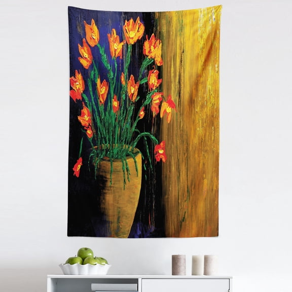Flower Tapestry, Oil Painting Composition with Botanical Vase Design Weathered, Fabric Wall Hanging Decor for Bedroom Living Room Dorm, 5 Sizes, Vermilion Blue, by Ambesonne