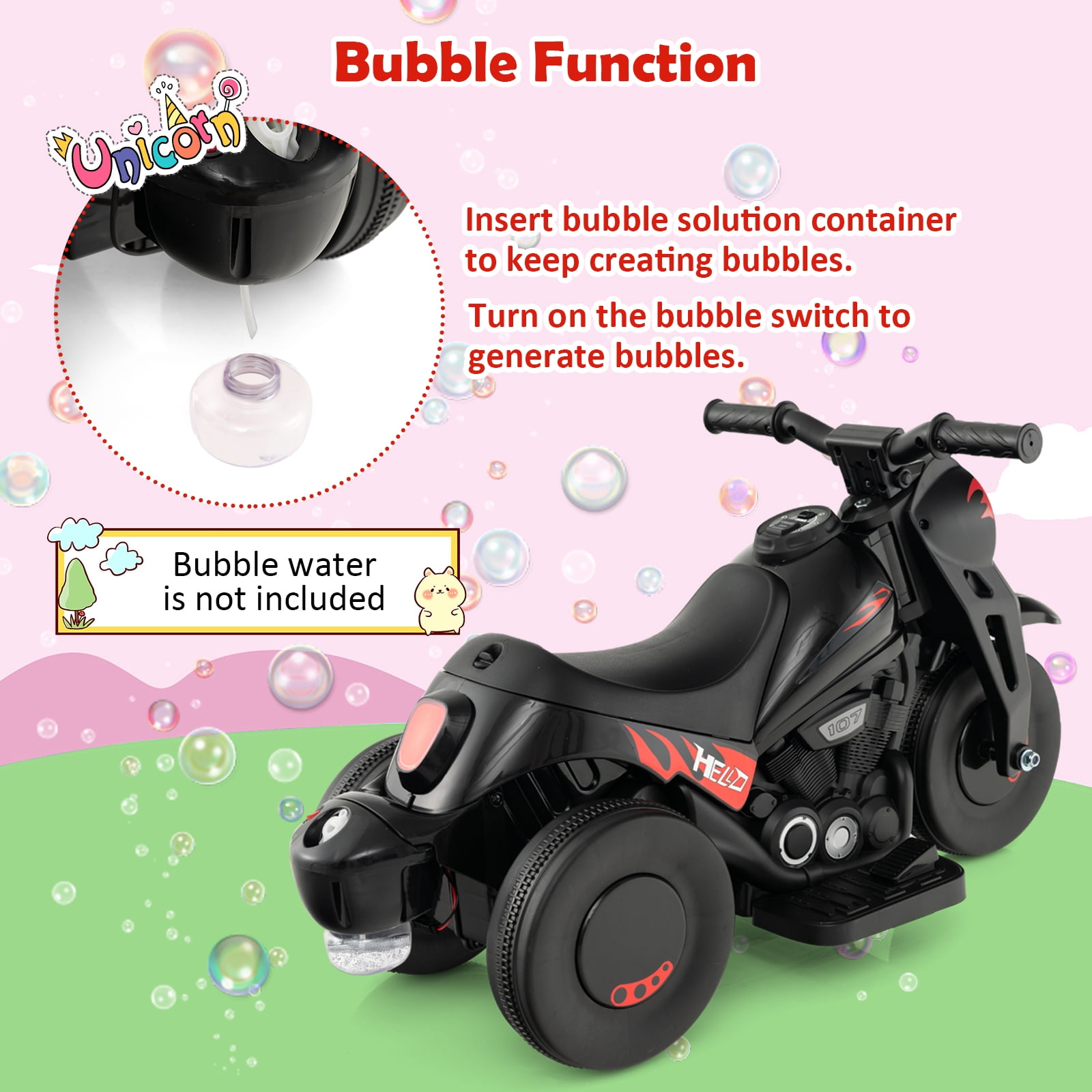 Costway 6V Kids Bubble Car Electric Ride on Motorcycle with Music Button & LED Headlight Black