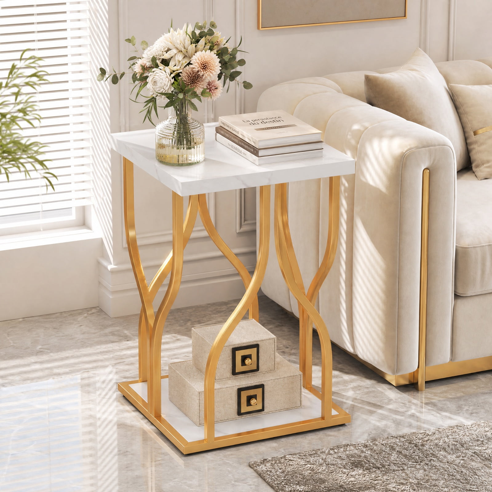 Furnibear Faux Marble Bedside Night Stand with Petal-Inspired Metal Frame for Bedroom Living Room Bedside Sofa Side Small Space, White
