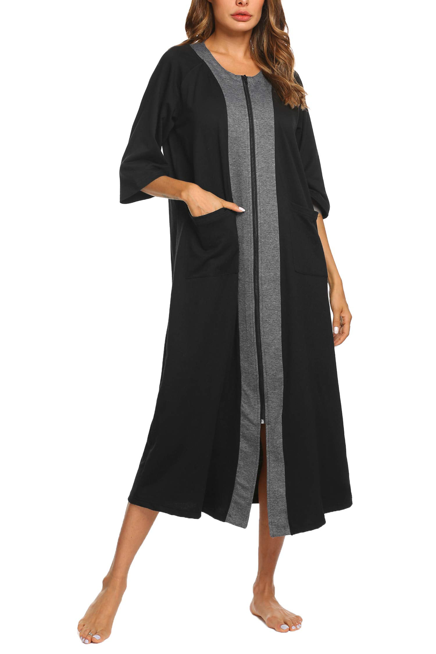 a.Jesdani Women Zipper Robe 3/4 Sleeves Loungewear Full Length