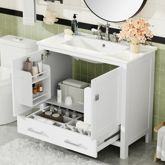 36" Bathroom Vanity with Ceramic Sink,Soft-Close Doors,Double Storage Shelves & Divided Drawer, Modern Bathroom Cabinet with Ample Storage,White