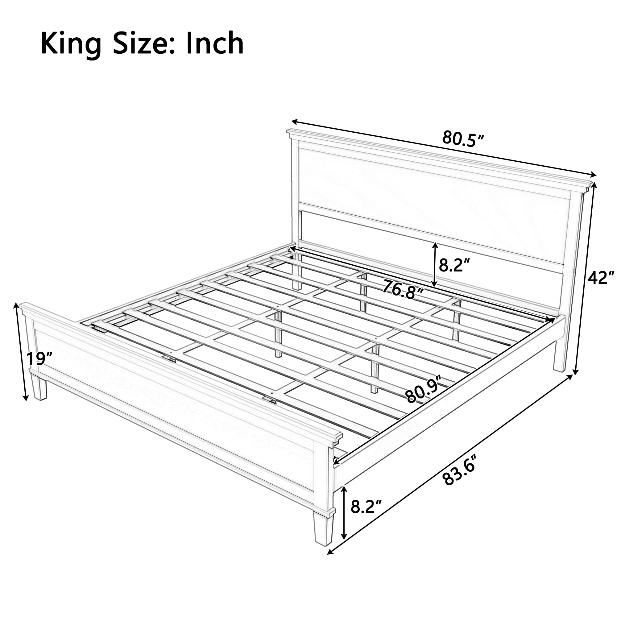 Euroco Wooden King Size Mid-Century Platform Bed, Charcoal Black
