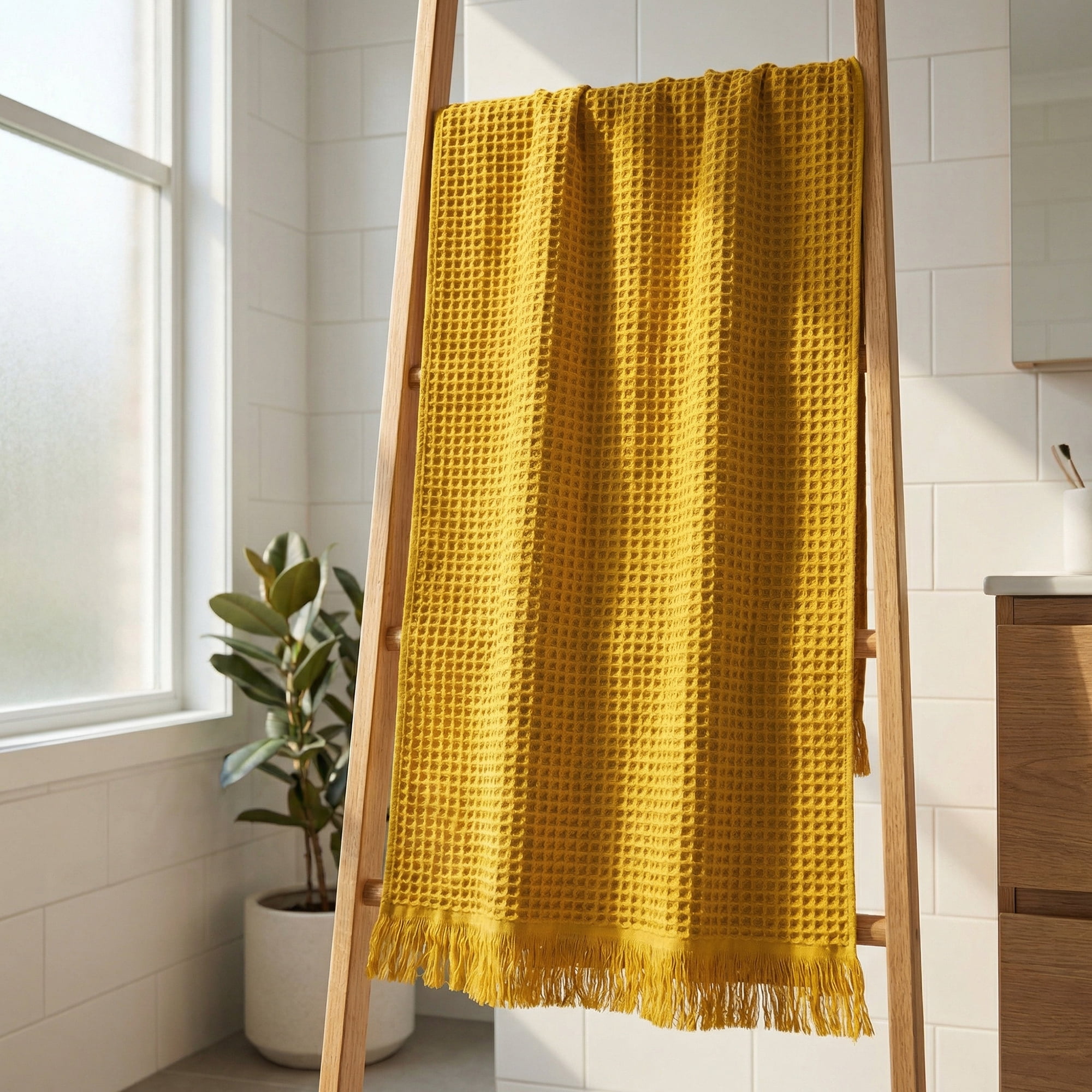 Unique Bargains Highly Absorbent Cotton Waffle Bath Towel with Tassel Yellow 71" x 35"