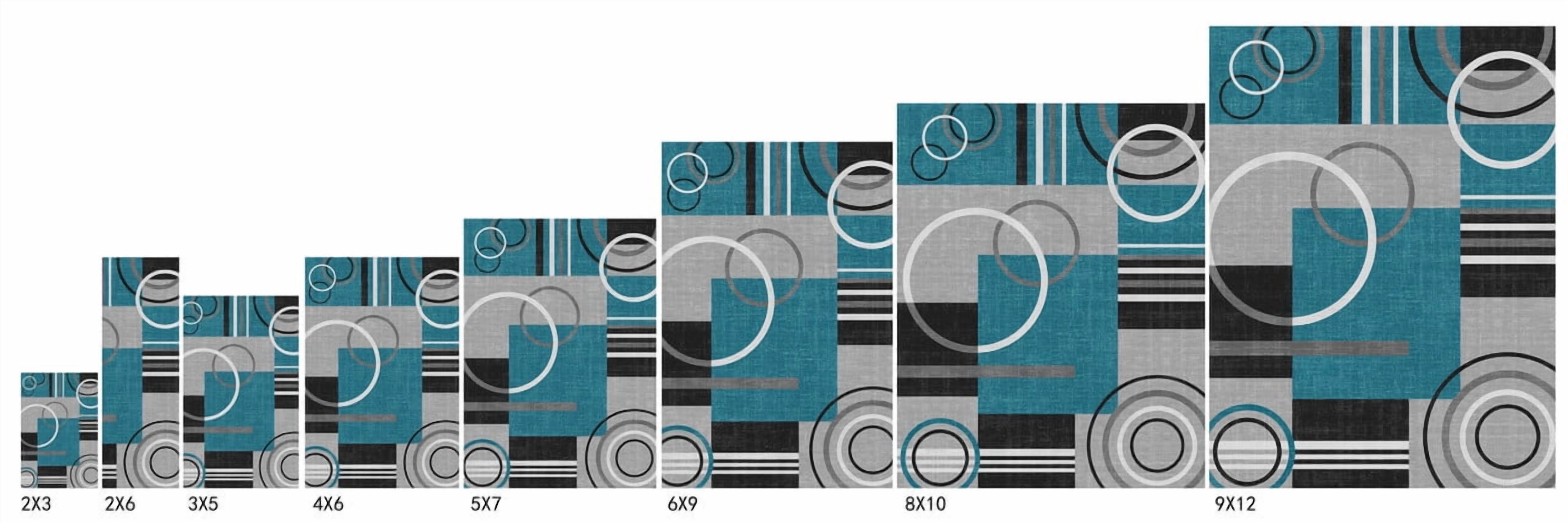 Washable Abstract Circles Area Rug 10x13 - Non Slip Floor Carpet, Contemporary Soft Low Pile Accent for Indoor Living Dining Room, Turquoise