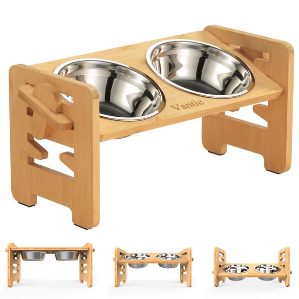 Natural Vantic Cuencos elevados para perros, soporte para cuenco elevado ajustable para cachorros y gatos pequeños, comedero de bambú resistente para mascotas con 2 platos de acero inoxidable