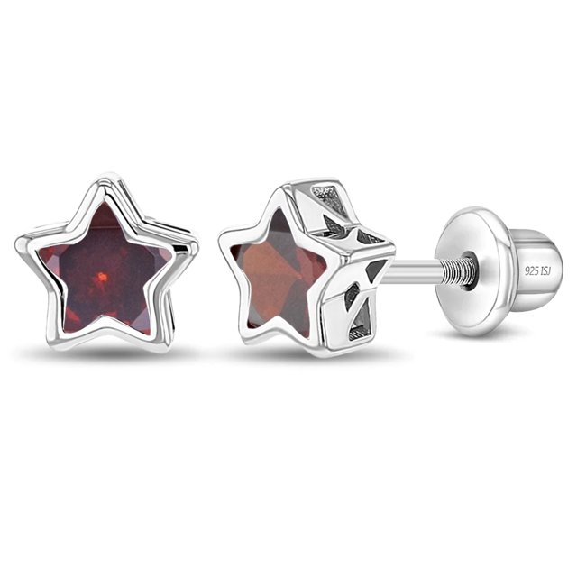 CZ Birthstone Star Simulated Garnet Girls Earrings Screw Back - Sterling Silver