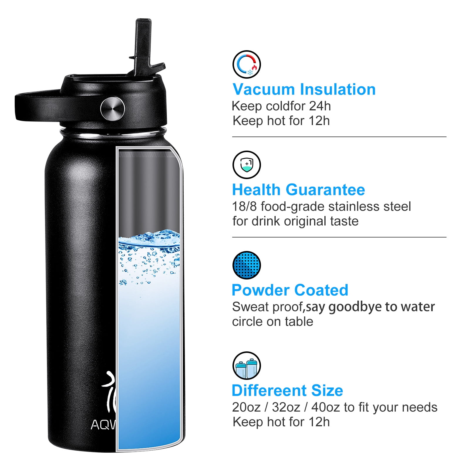 AQwzh 40 oz Black Insulated Stainless Steel Water Bottle with Straw and Wide Mouth Lid