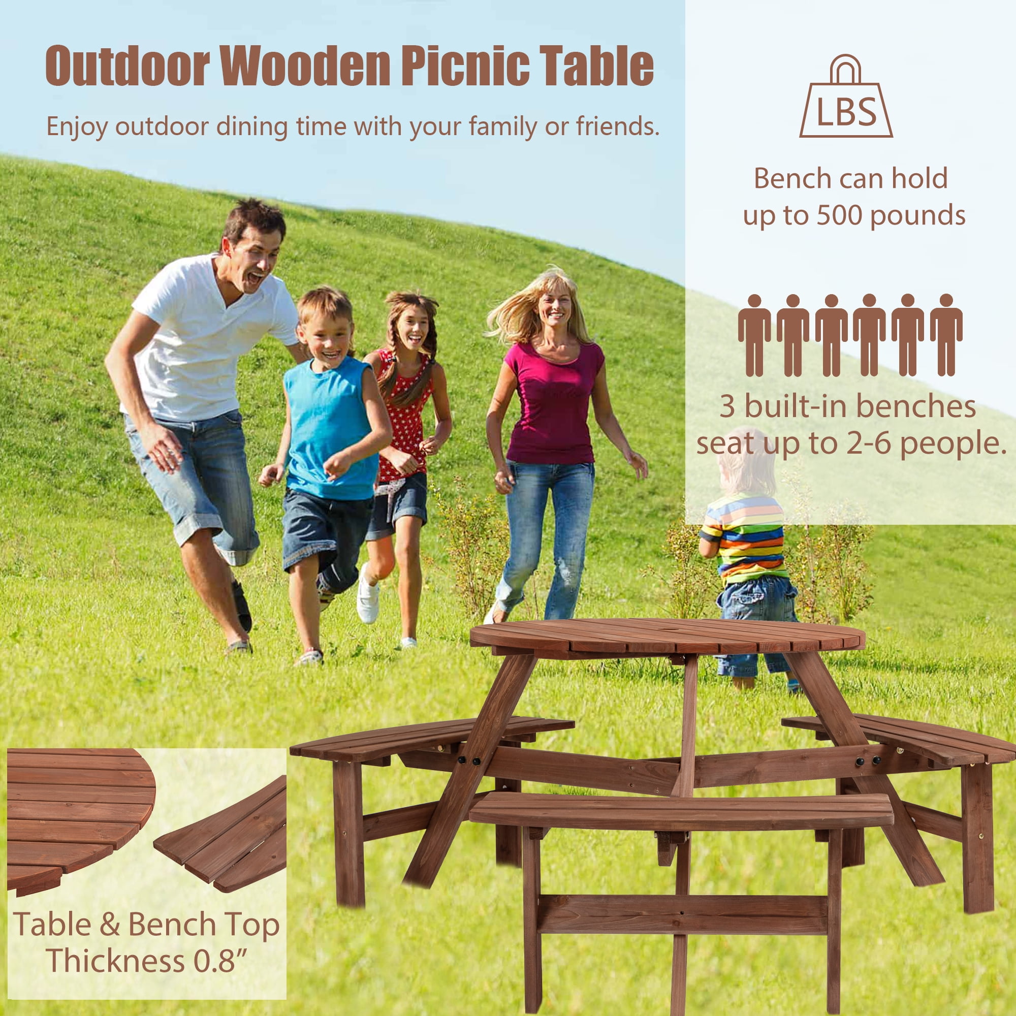 Aukfa 6-Person Outdoor Wood Picnic Table Patio Dining Table w/3 Benches,1720lb Capacity - Brown