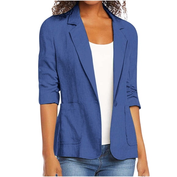 Ailaofu 2025 Summer Linen Blazer Women Lightweight 3/4 Stretchy Ruched Sleeve Fully-Lined Casual Work Jacket with Pockets