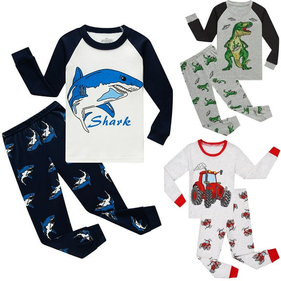 Cotton Pajamas for 3-12T Boys Cartoons Sleepwear Children Clothes 2 Pieces Tops Pants Set - C Shark