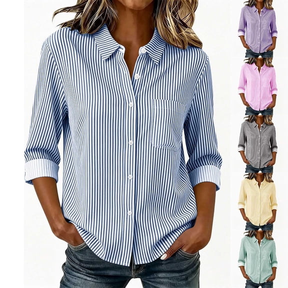 Noric Women's Striped Shirt Long Sleeve Button Down Lapel Collar Loose Fit Casual Office Business Tops