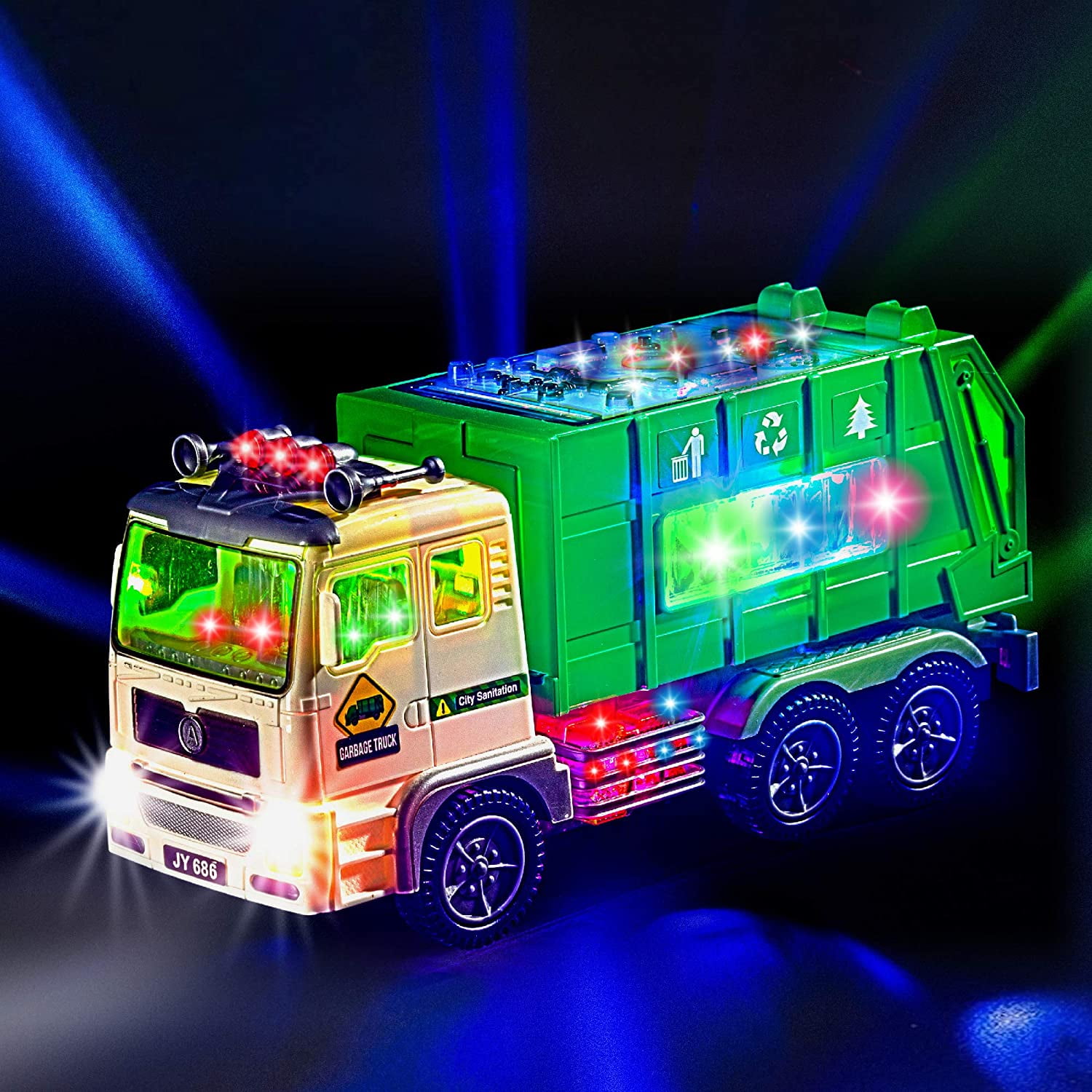 JoyX Garbage Truck for Kids with 4D Lights and Sounds - Battery Operated Automatic Bump & Go Car - Sanitation Truck Stickers