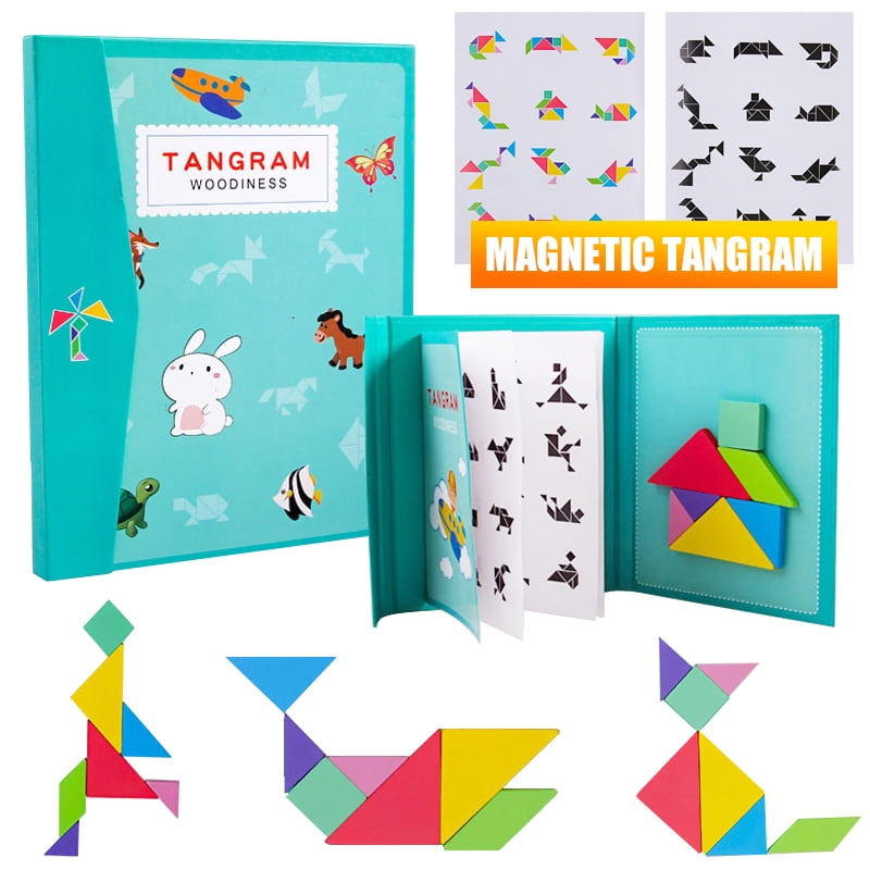 Tangram Game GREEN Magnetic Puzzle Travel Games Jigsaw W Solution Questions Kid 