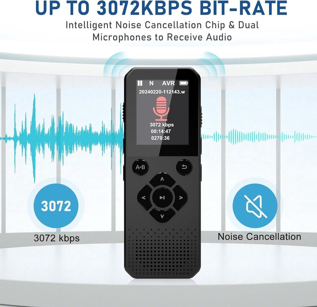 Voice Recorder, 64GB Digital Voice Recorder, Voice Activated Recorder with Playback, Tape Recorder Up to 3072kbps Bit Rate, Audio Recorder for Interview Meetings Lecture