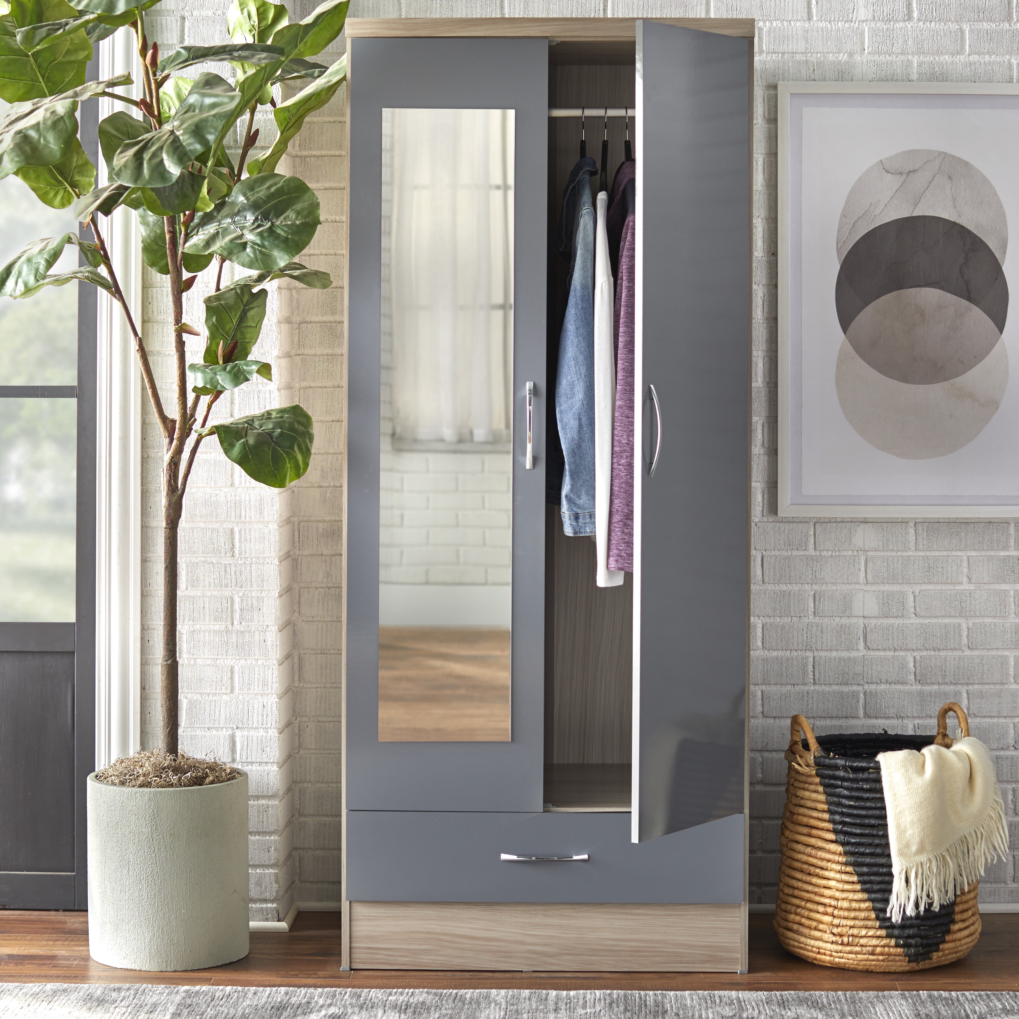 TMS Nevada Mirrored 2 Door Wardrobe, Gray and Natural