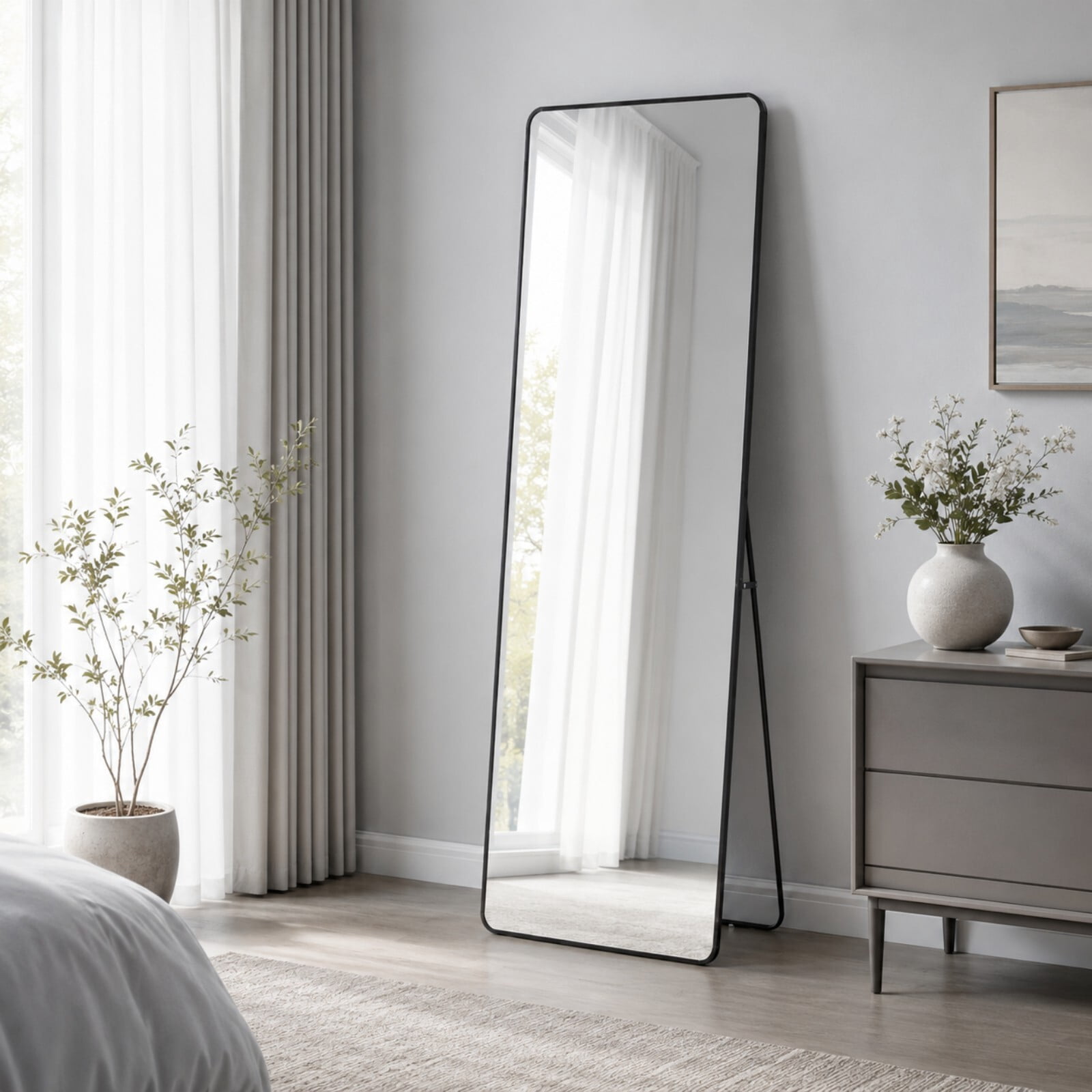 Easy4Home 59"x16" Rectangular Full Length Mirror Round Corner Freestanding Wall Mirror with Metal Frame, Black