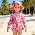 thumbnail image 3 of Rggeeun Baby Girls One-Piece Cute Bow Pattern Long Sleeve Crew Neck Front Zipper Knit Slim Fit Elastic with Matching Hat for Summer Splash Fun Delicate Bathing Suit,Red,18-24 Months, 3 of 6