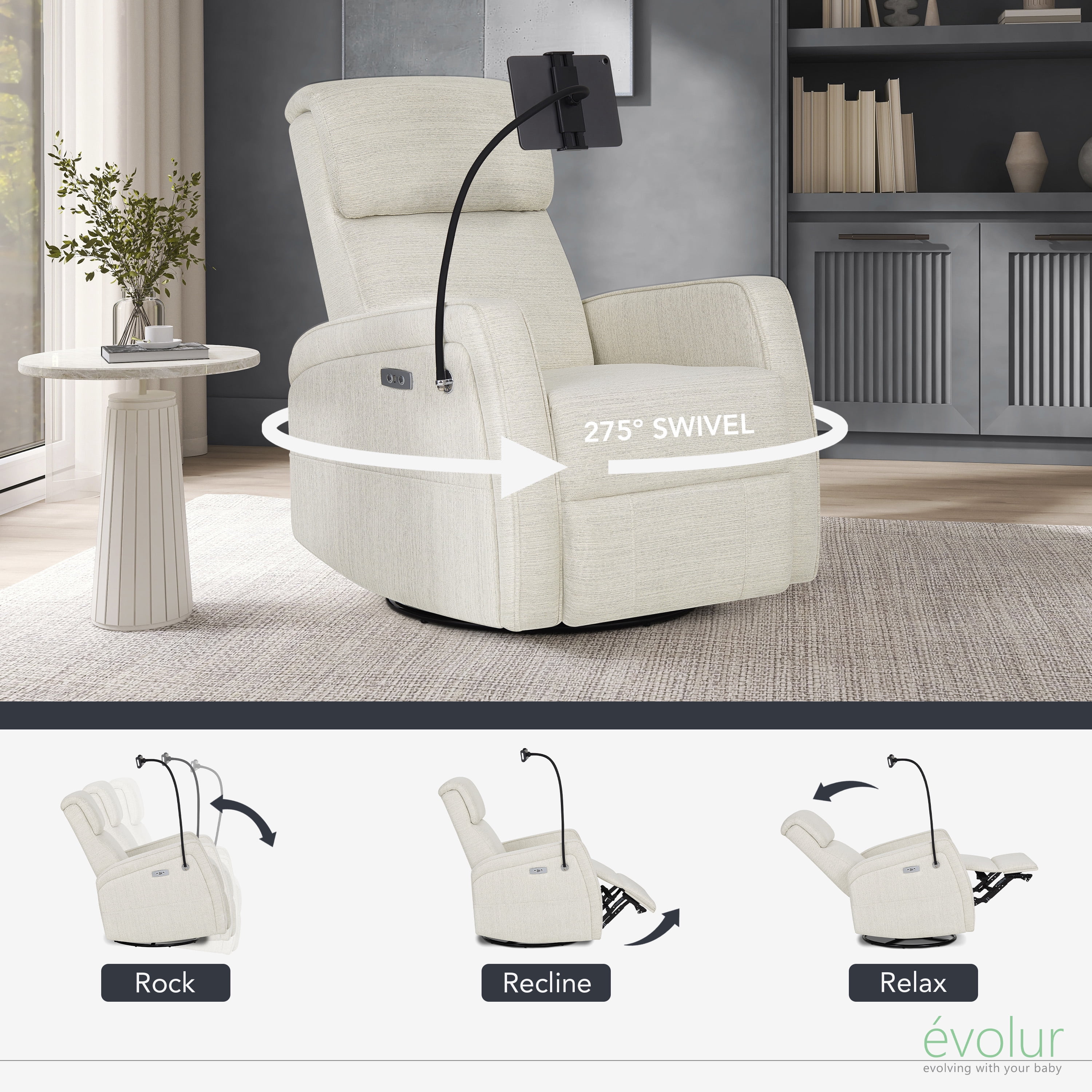 Evolur Maverick Power Recline Glider with Device Holder, Thunder Beige