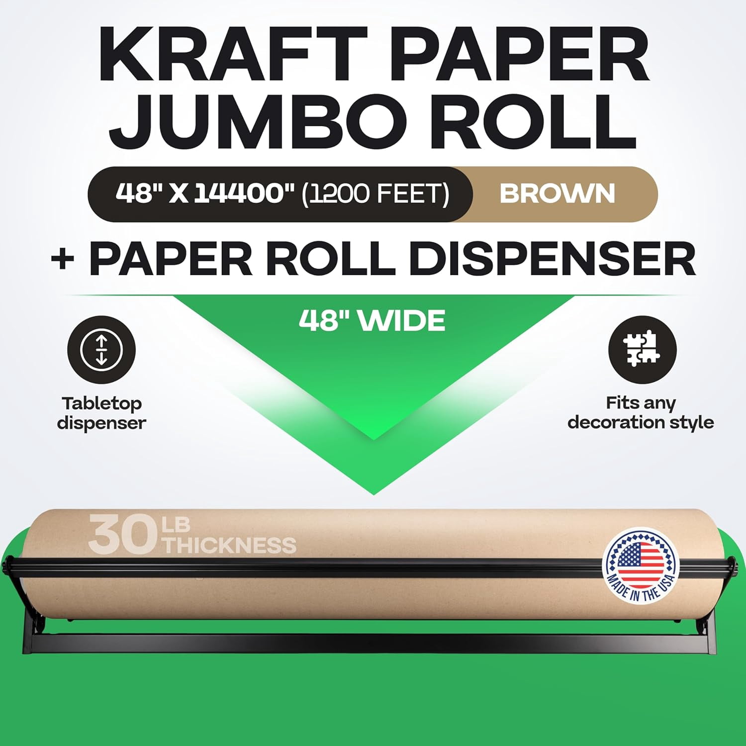 IDL Packaging Brown Kraft Paper Jumbo Roll 48" x 14400" (1200 ft) with Dispenser – USA-Made Natural Kraft Paper 30lb Thickness