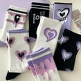 thumbnail image 3 of Opvise Winter Socks 1 Pair Mid-calf Socks Korean Heart Embroidery Kawaii Hip Hop Color Matching Anti-slip Soft No Odor Sweat Absorption Lady Four Seasons Sports Socks Purple1, 3 of 8