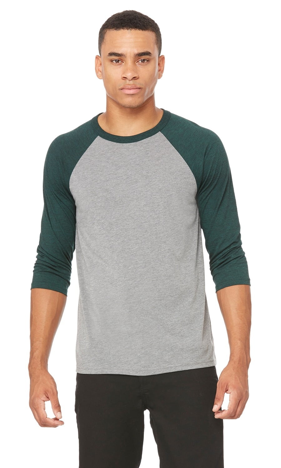 The Bella + Canvas Unisex 3/4 Sleeve Baseball T-Shirt - GREY/ EMERLD ...