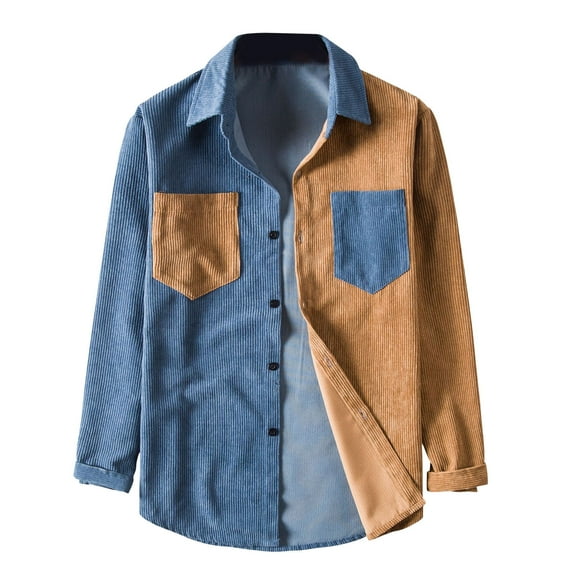 Herrnalise Men's Corduroy Patchwork Color Multi-Pocket Shirt Jacket Khaki