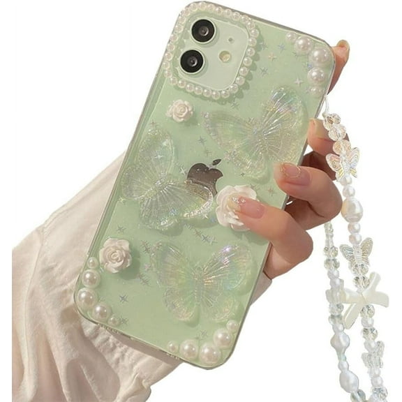 for iPhone 11 Case with Phone Charm Chain 3D Butterfly Flower Cute Phone Case,Crystal Clear Pearl Case for iPhone 11 Women Girl