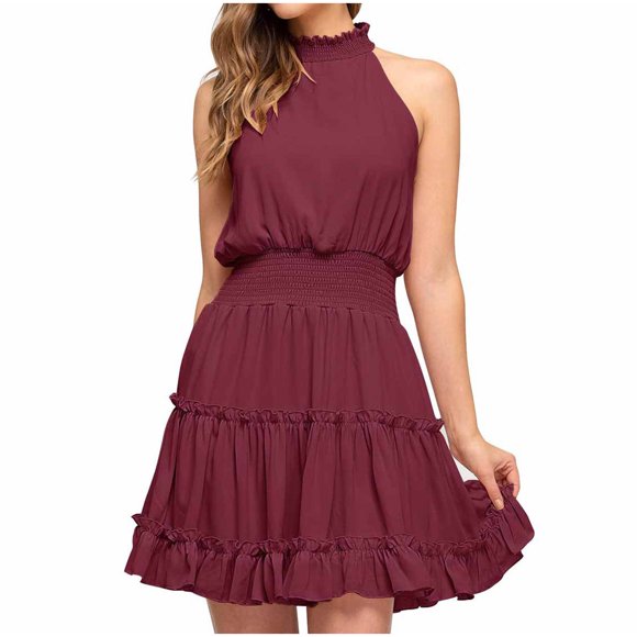 Babysbule Liquidation Robe d'Été pour Femme Mode Femmes Été Uni Aguichant à Col Licou Bandage Décontractée Sans Manches Mini-Robe
