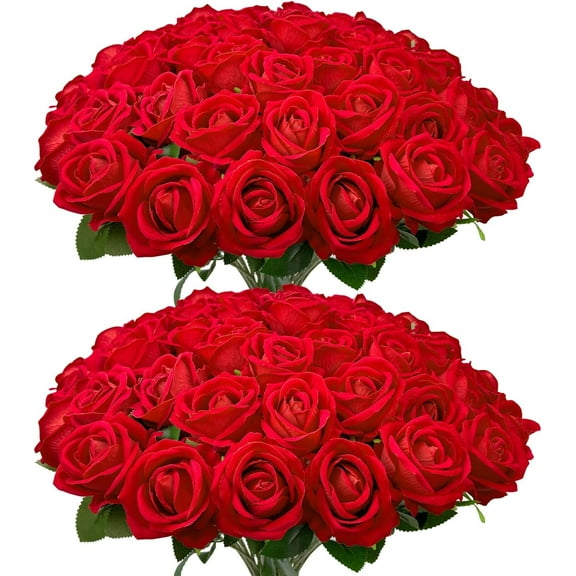 Natonhi 50 pcs Bulk Artificial Flowers Fake Velvet Silk Red Roses with Long Stems Realistic Bouquet for Wedding Centerpieces Faux Arrangement for Valentines Day Home Table Decorations