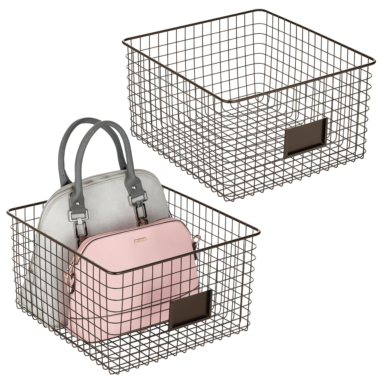 mDesign Wide Metal Farmhouse Storage Organizer Bin Baskets with Label