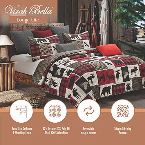 CHESITY Lodge Bedspread Twin Size Quilt,Lightweight Cabin Quilts Set Twin Size,3Pcs Rustic Moose Bear Bedspreads Reversible Lodge Coverlet Sets Deer Tree Printed Quilt Pillow Shams 