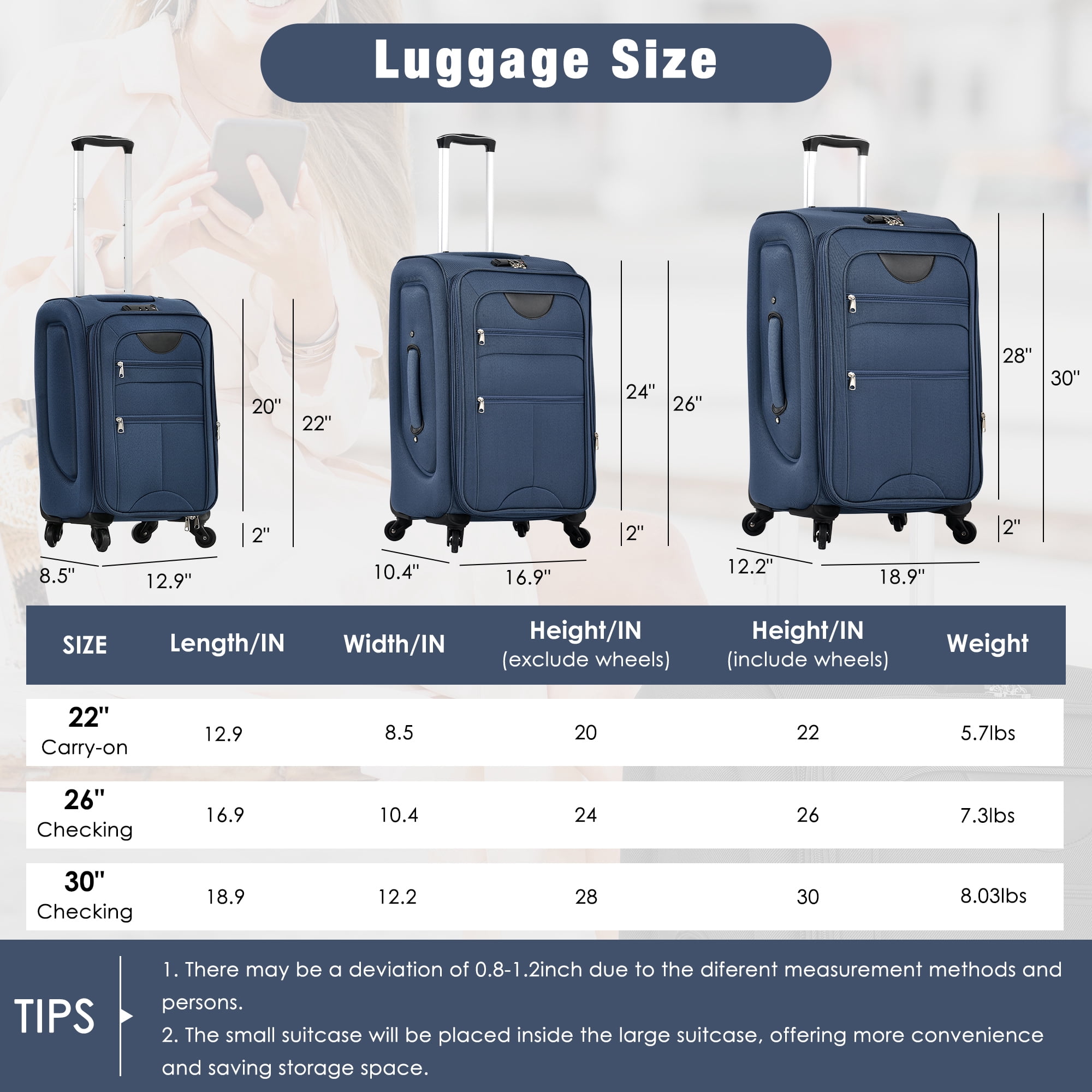 EUROCO 5 Piece Softside Luggage Set,Expandable Suitcase Set with Duffel Bag,TSA Lock and Spinner Wheels,Lightweight Suitcase for Men Women,Dark Blue