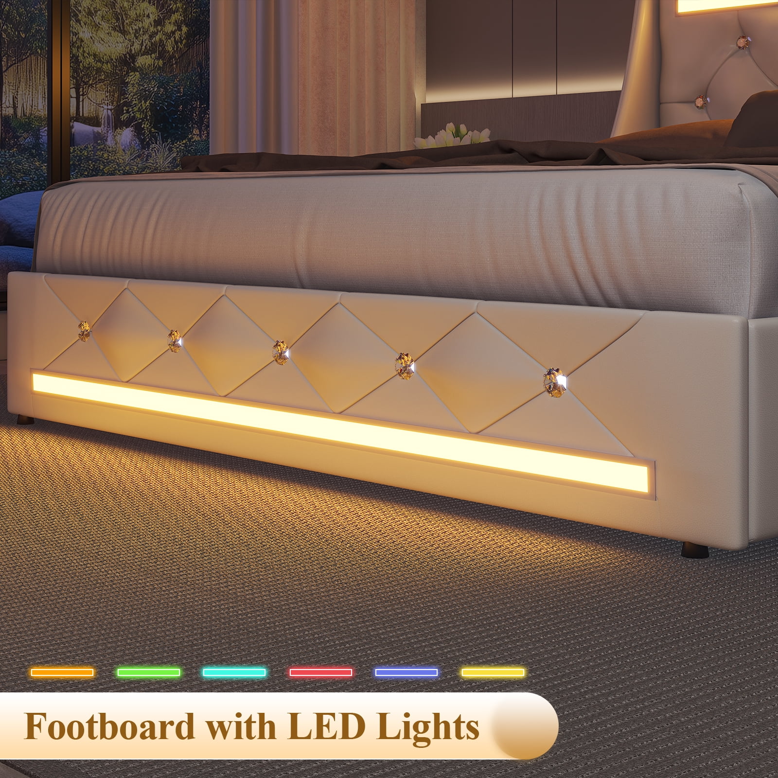 E-motie Queen Bed Frame with 2 Storage Drawers, Upholstered Headboard with LED Light & Charging Station, Diamond Tufted Style, Pu Leather, White