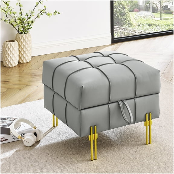 Gray Leather Storage Ottoman Bench with Golden Legs, Tufted Pet-Friendly Footstool for Entryway, Living Room